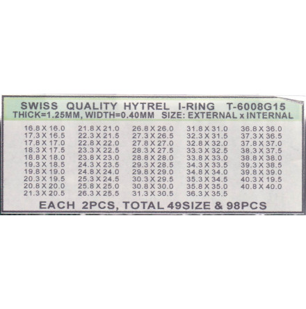 SORT. GLASPACKNINGAR 49 OLIKA Tj.0,40 H.1,25 mm fr 1,5 glas